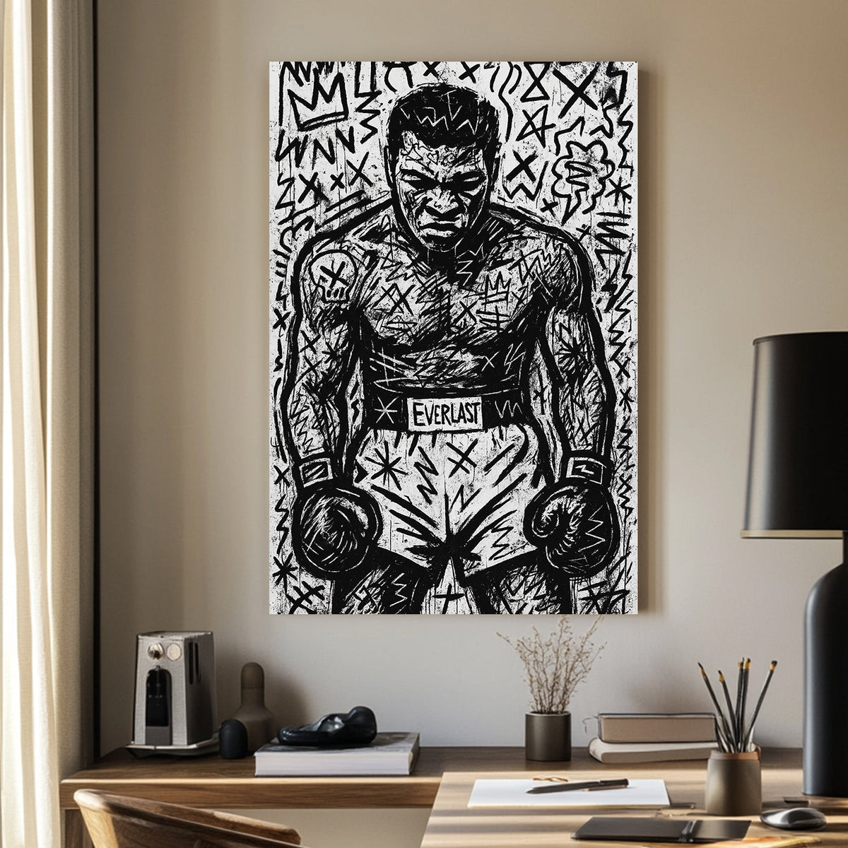 Graffiti-style black and white sketch of Muhammad Ali wall art