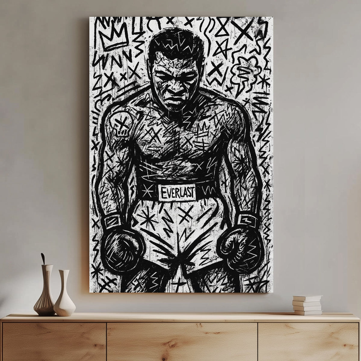 Graffiti-style black and white sketch of Muhammad Ali wall art