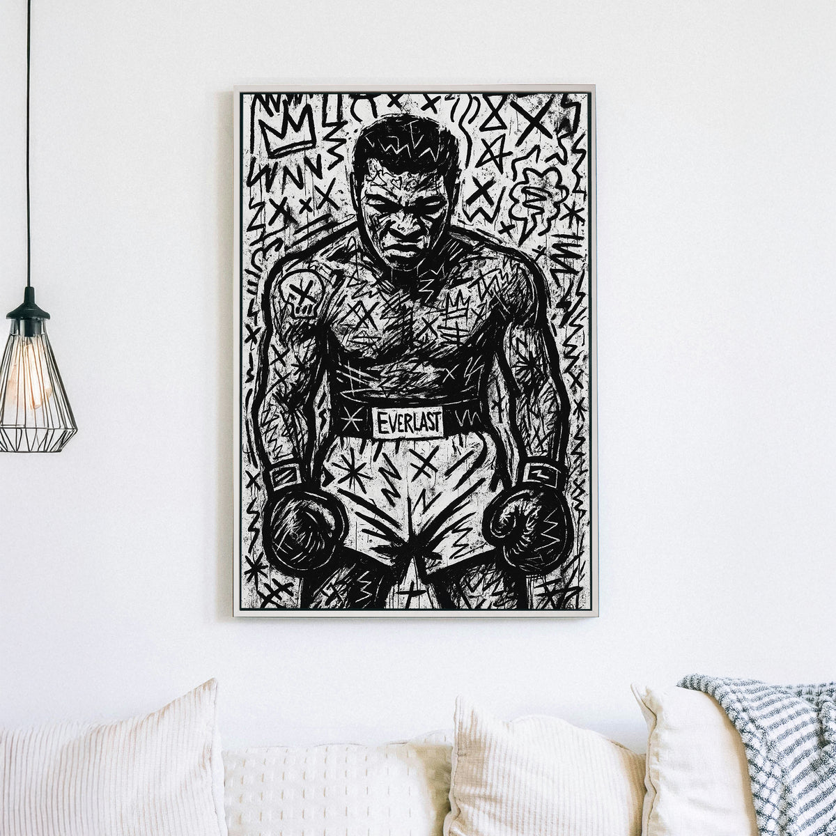 Graffiti-style black and white sketch of Muhammad Ali wall art