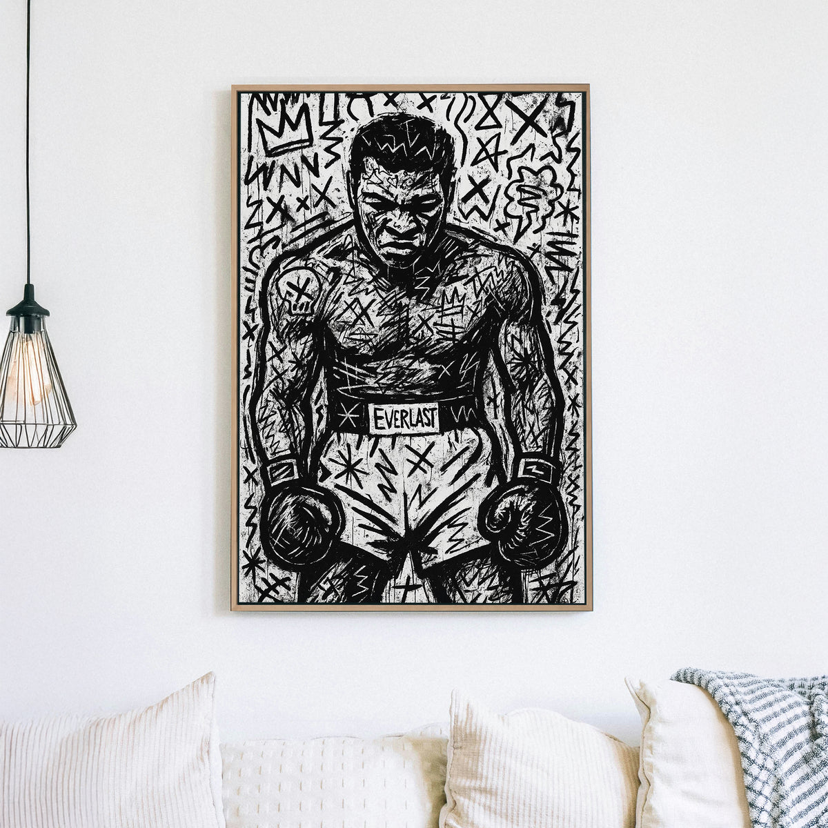 Graffiti-style black and white sketch of Muhammad Ali wall art