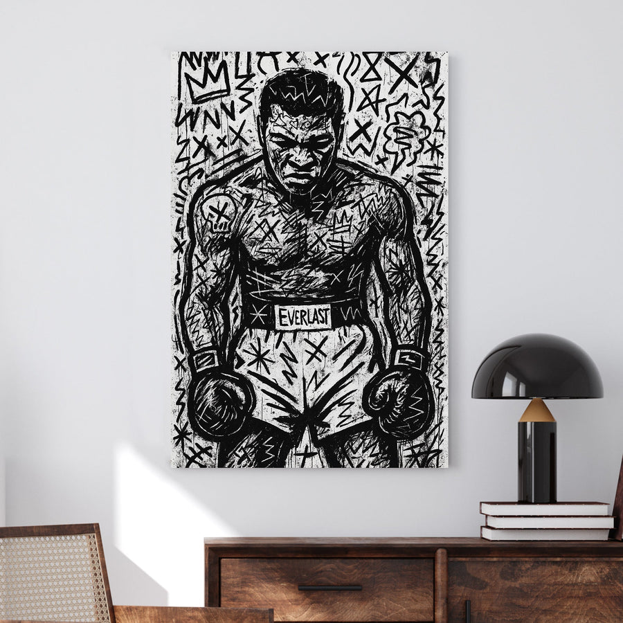 Graffiti-style black and white sketch of Muhammad Ali wall art