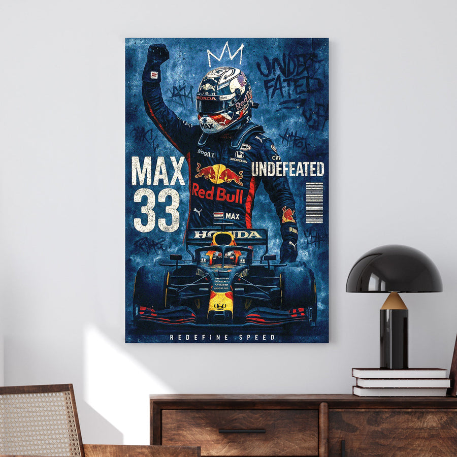 Max Verstappen Red Bull Racing victory pose with graffiti background wall art