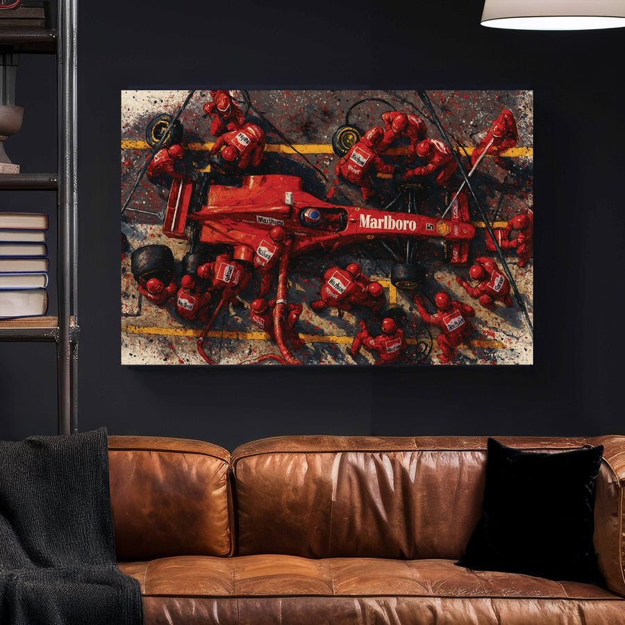 Overhead view of Ferrari Formula 1 pit stop in red with Marlboro branding wall art