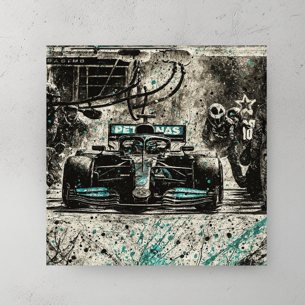 Mercedes Petronas F1 pit stop with teal paint splatter wall art
