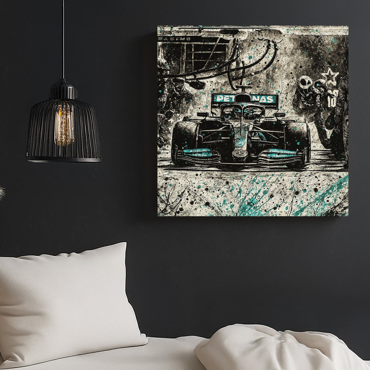 Mercedes Petronas F1 pit stop with teal paint splatter wall art