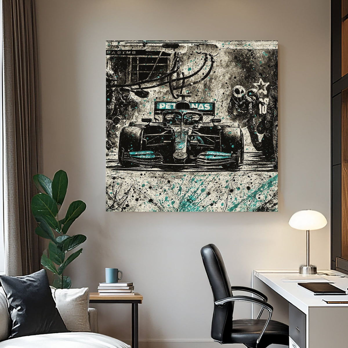 Mercedes Petronas F1 pit stop with teal paint splatter wall art