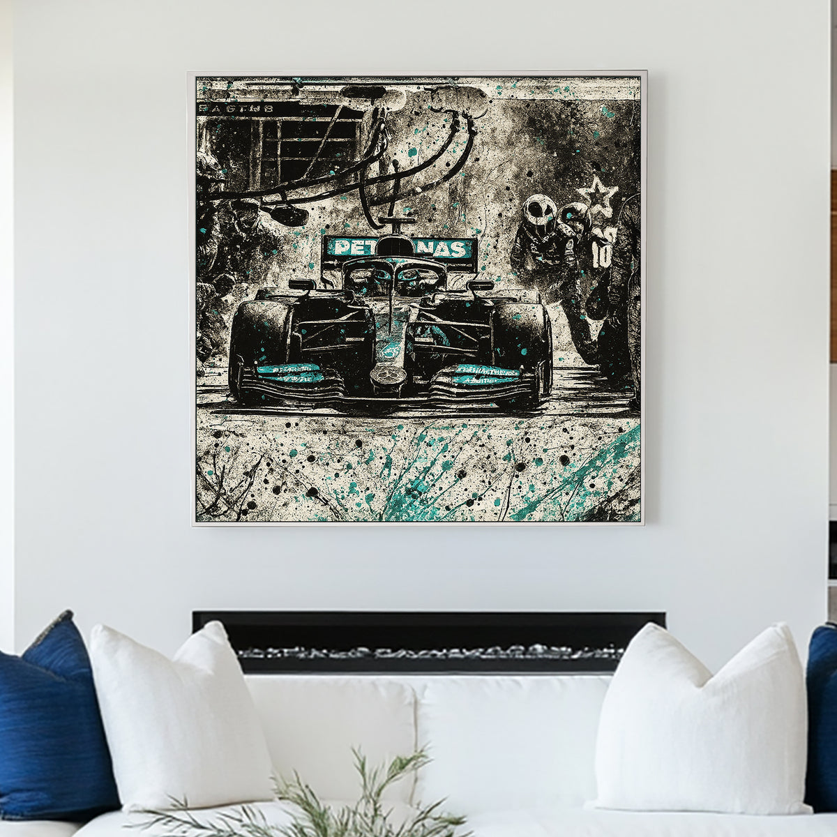 Mercedes Petronas F1 pit stop with teal paint splatter wall art