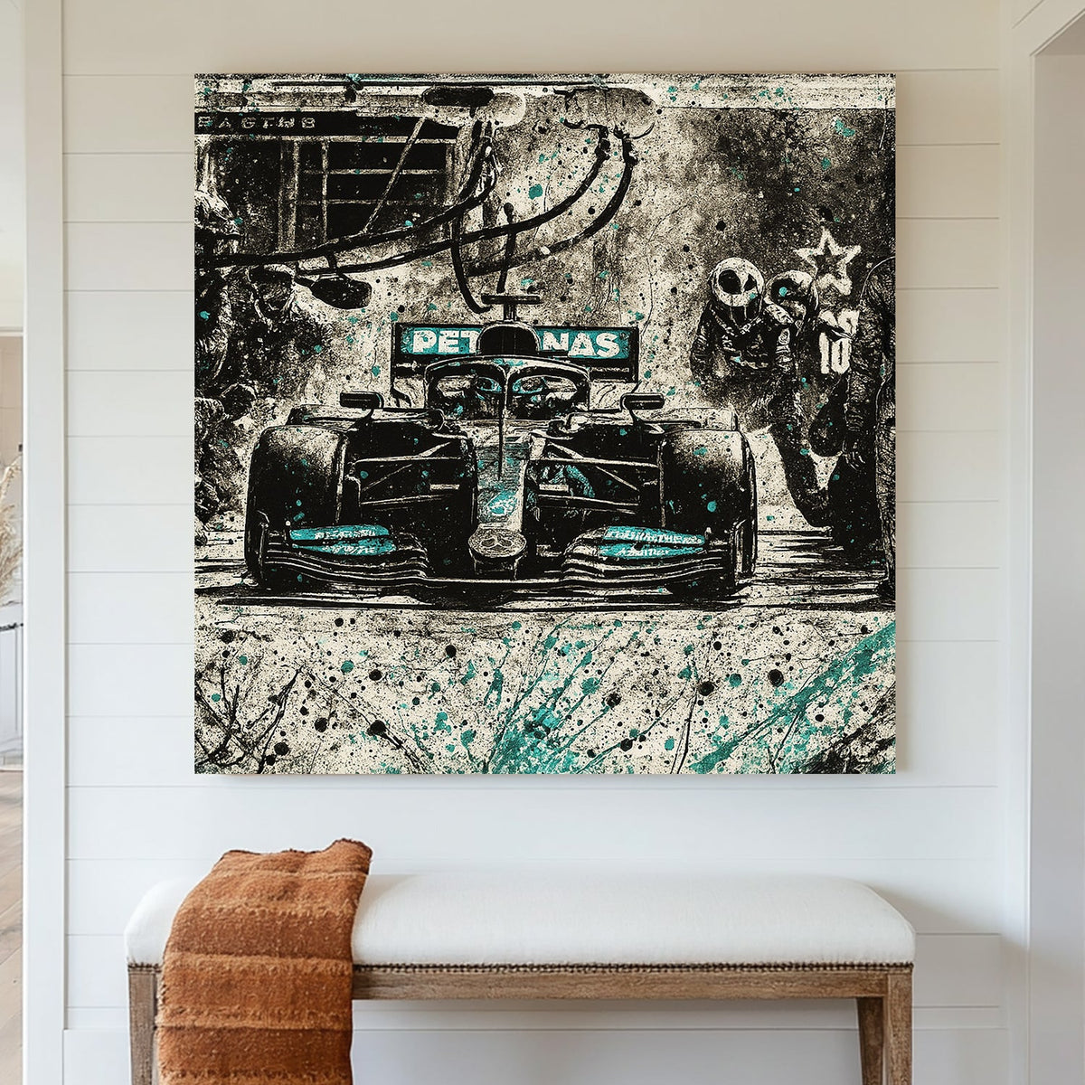 Mercedes Petronas F1 pit stop with teal paint splatter wall art