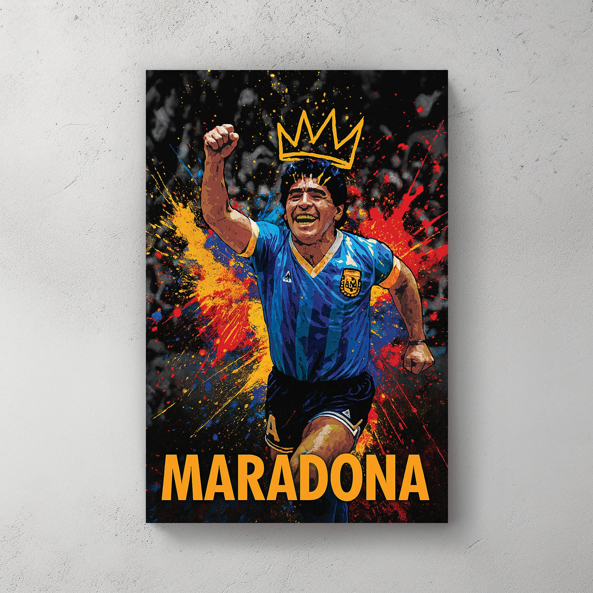 Maradona celebrating in Argentina jersey with crown and colourful paint splash wall art
