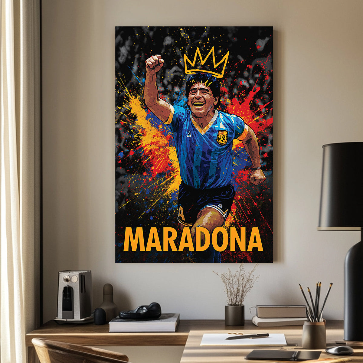 Maradona celebrating in Argentina jersey with crown and colourful paint splash wall art