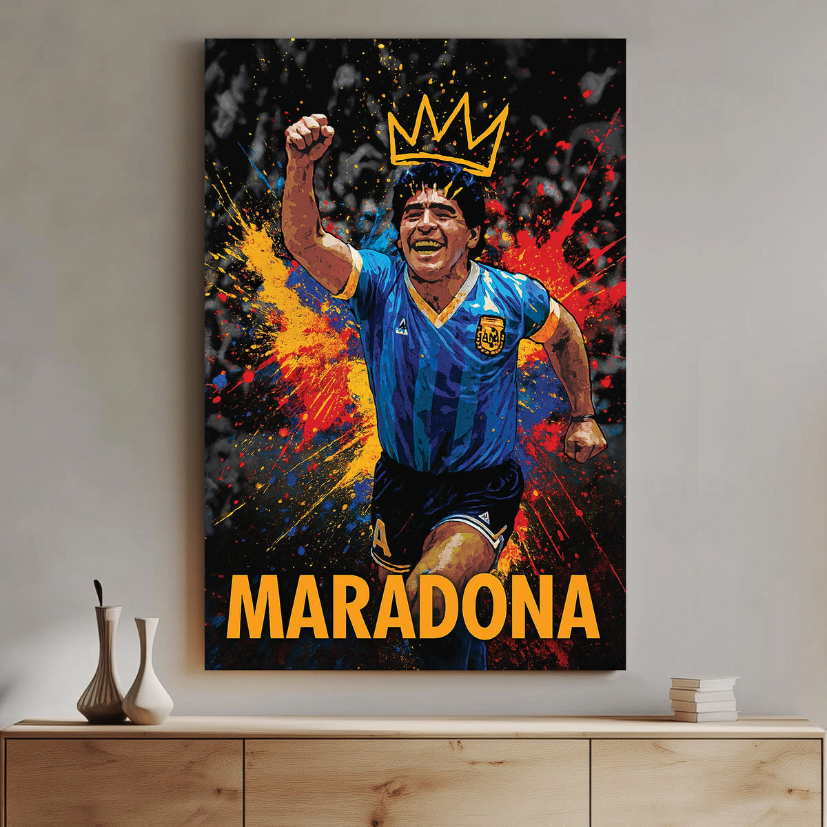 Maradona celebrating in Argentina jersey with crown and colourful paint splash wall art