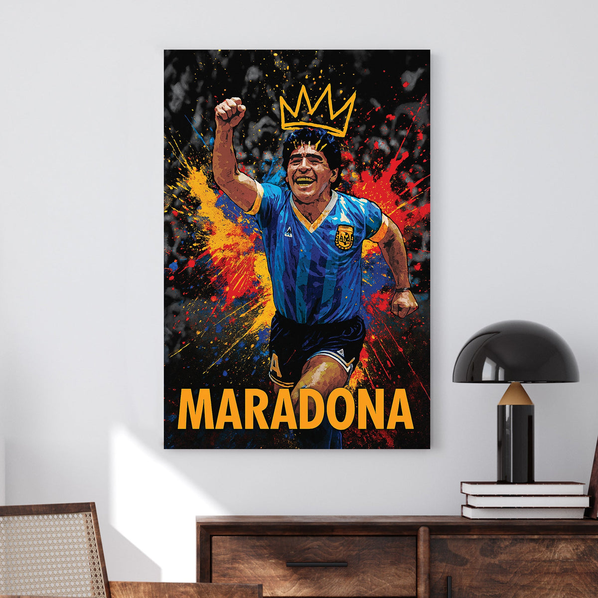 Maradona celebrating in Argentina jersey with crown and colourful paint splash wall art
