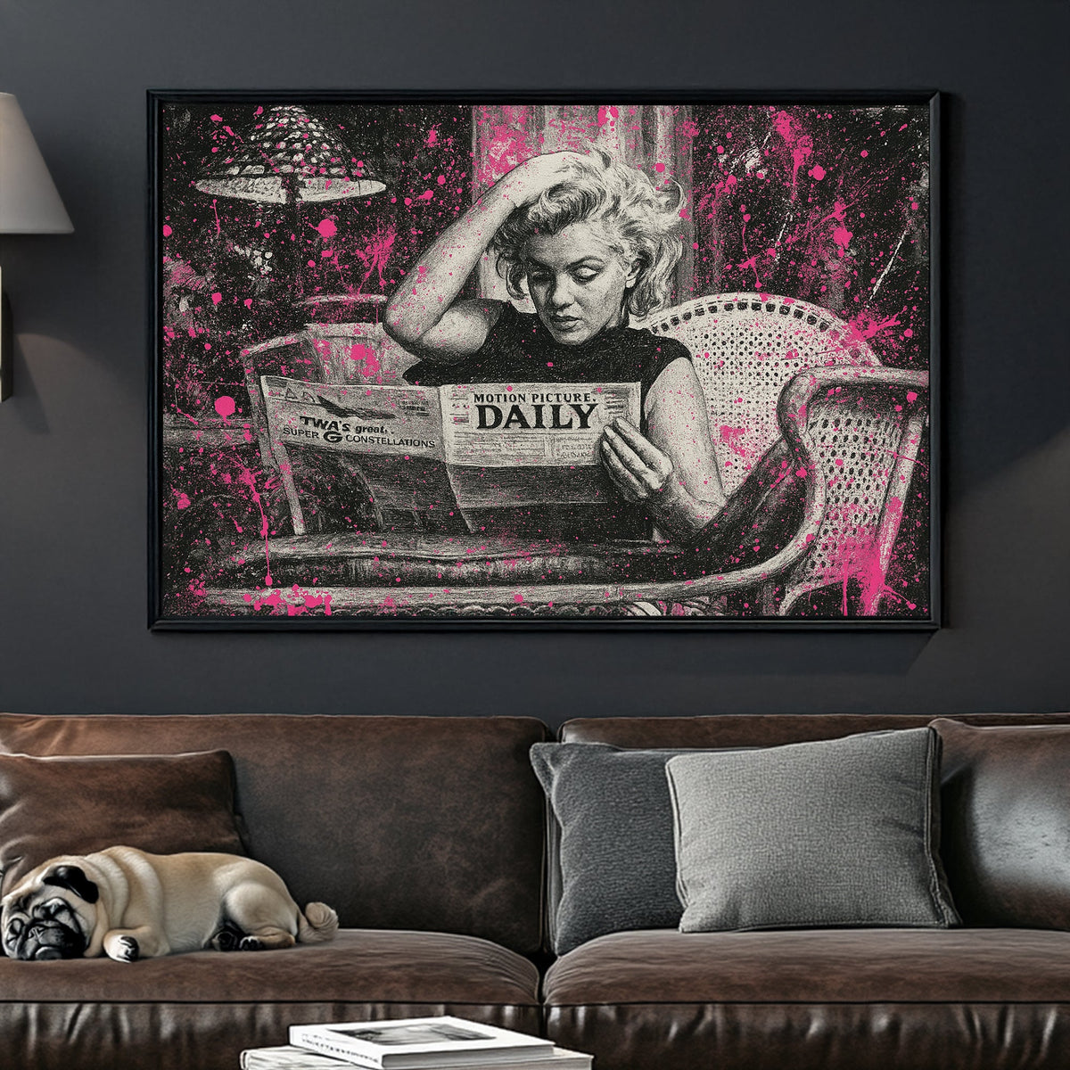 Marilyn Monroe reading newspaper in black and white with pink paint splatter wall art