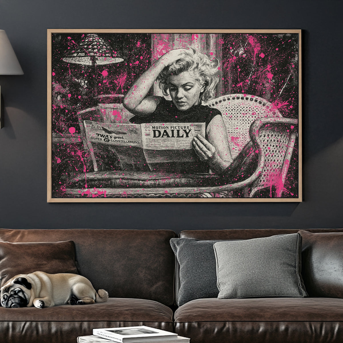 Marilyn Monroe reading newspaper in black and white with pink paint splatter wall art