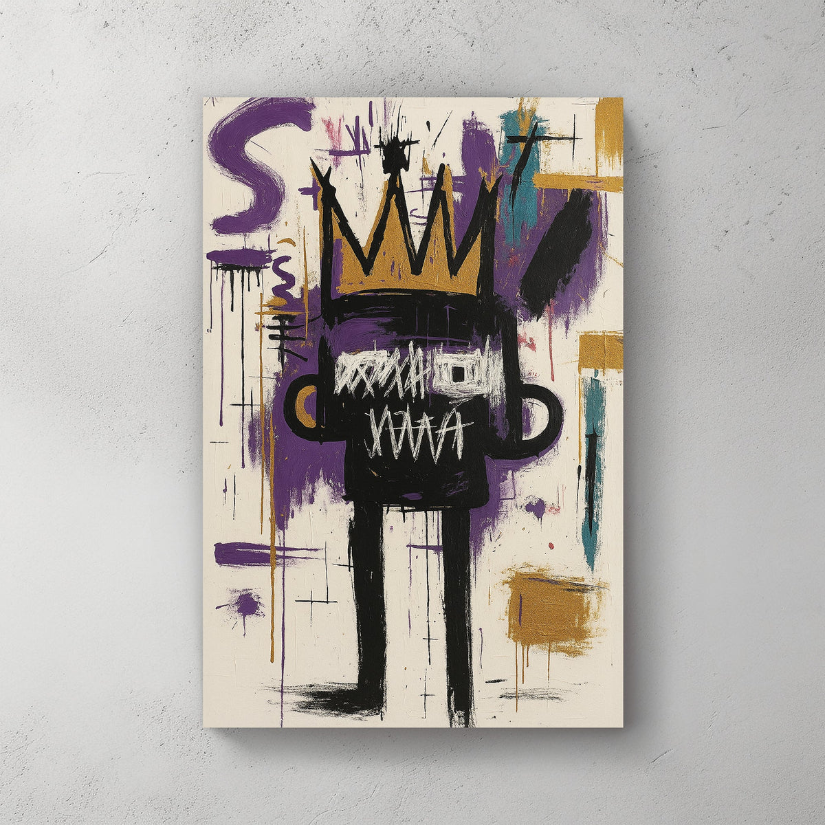 Basquiat abstract graffiti-style with gold crown on white wall art