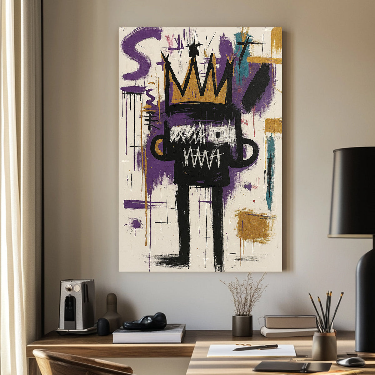 Basquiat abstract graffiti-style with gold crown on white wall art