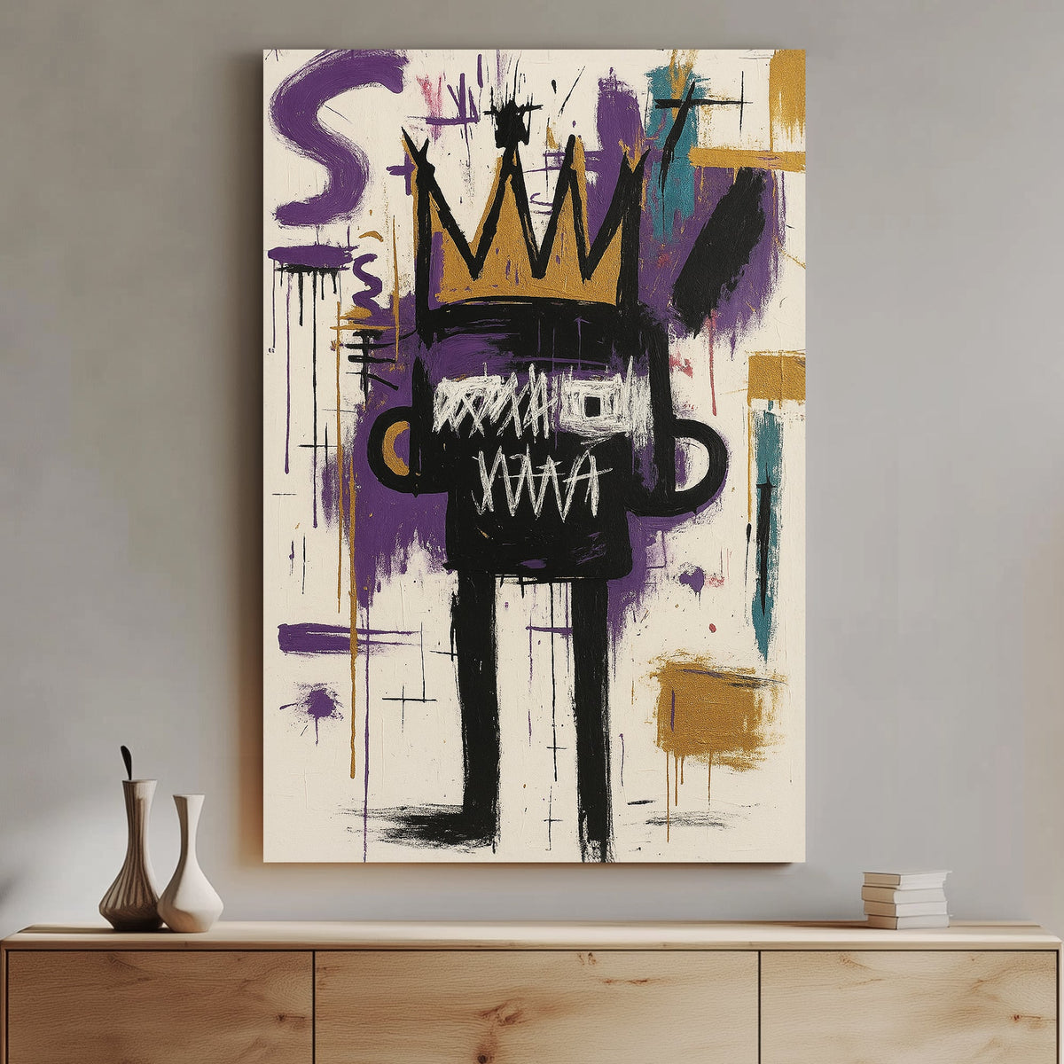 Basquiat abstract graffiti-style with gold crown on white wall art