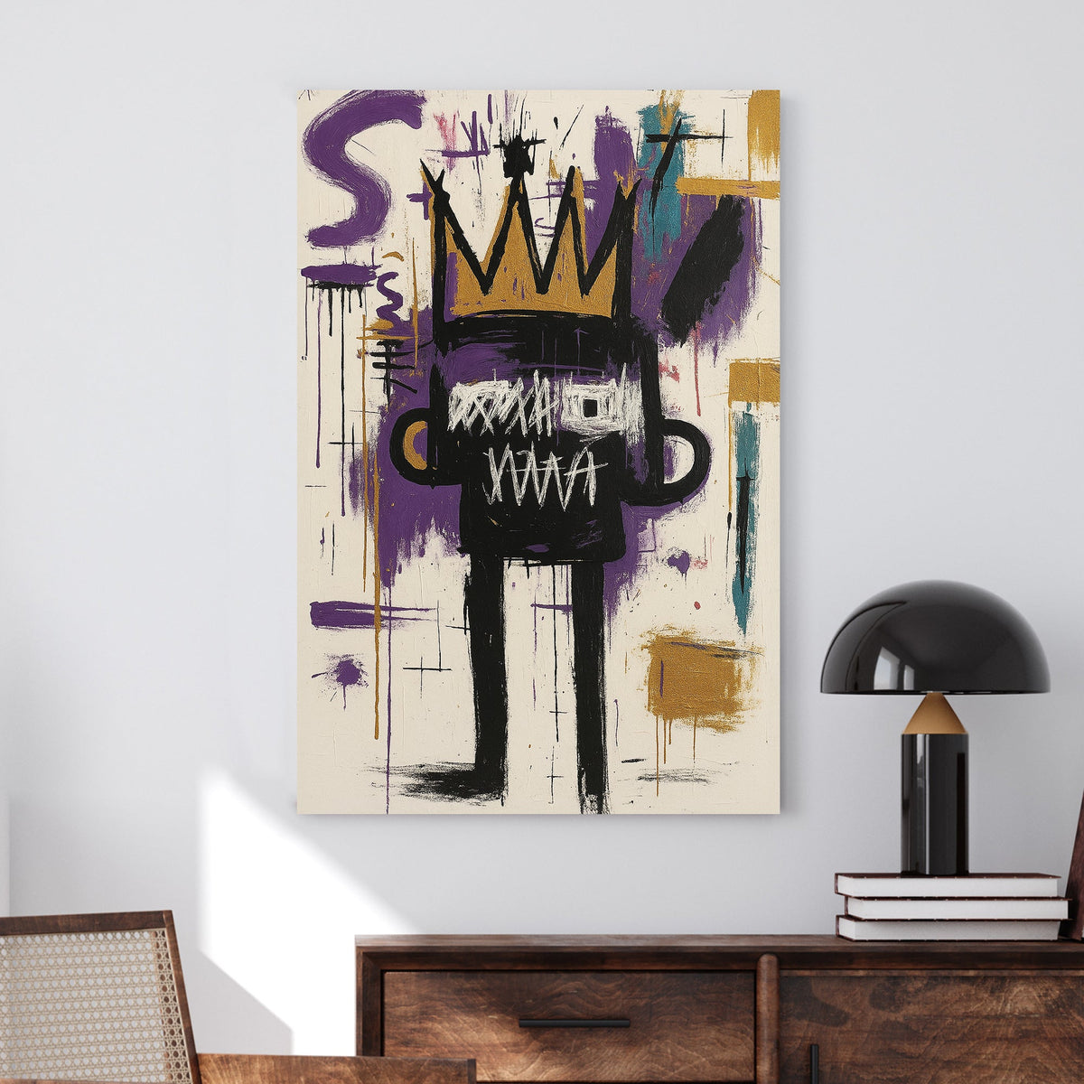 Basquiat abstract graffiti-style with gold crown on white wall art