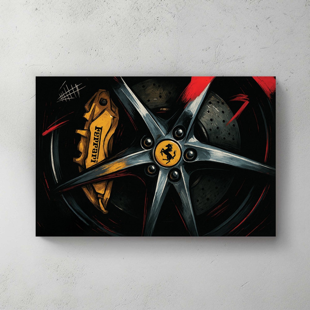 Close-up of Ferrari wheel and yellow brake caliper with red accents wall art