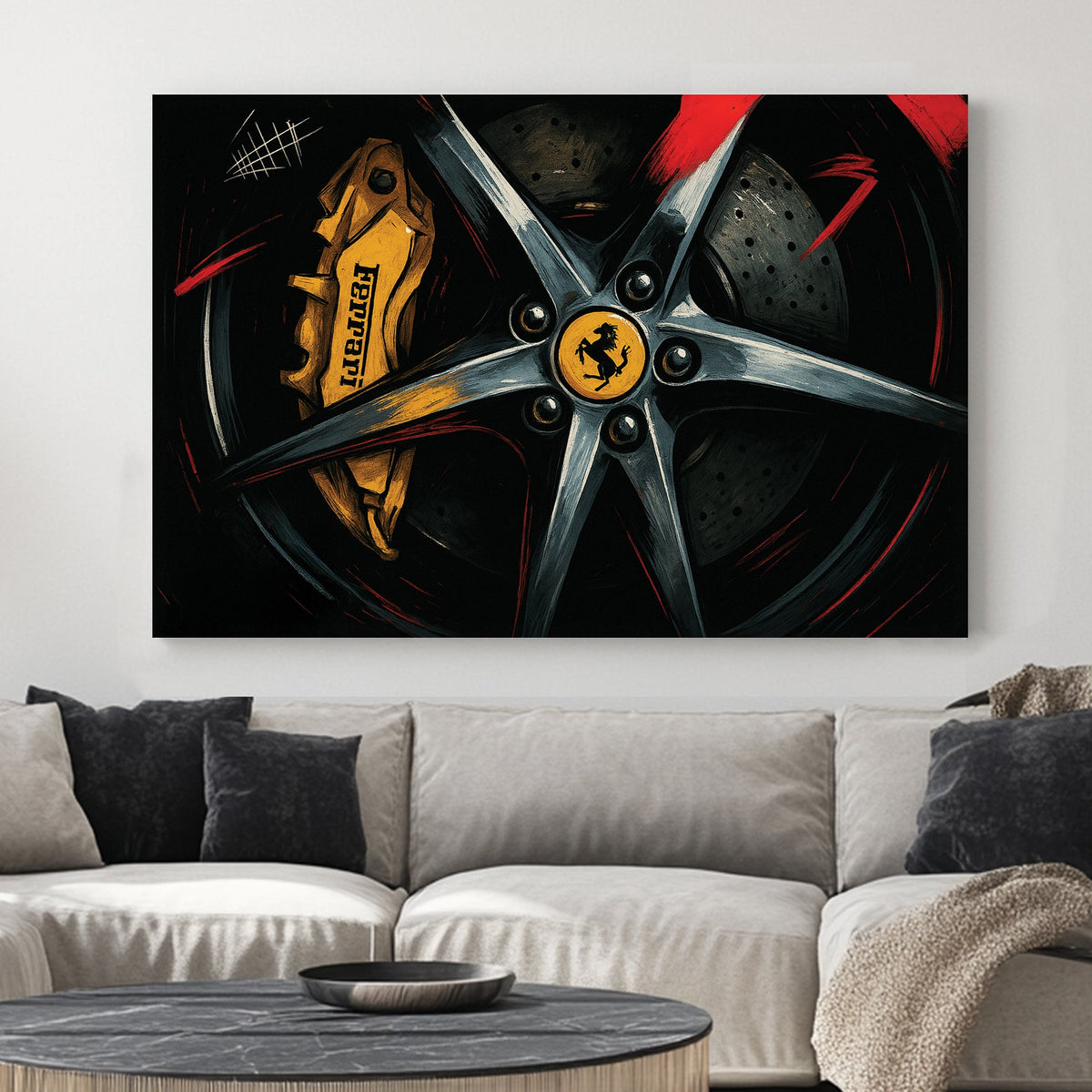 Close-up of Ferrari wheel and yellow brake caliper with red accents wall art