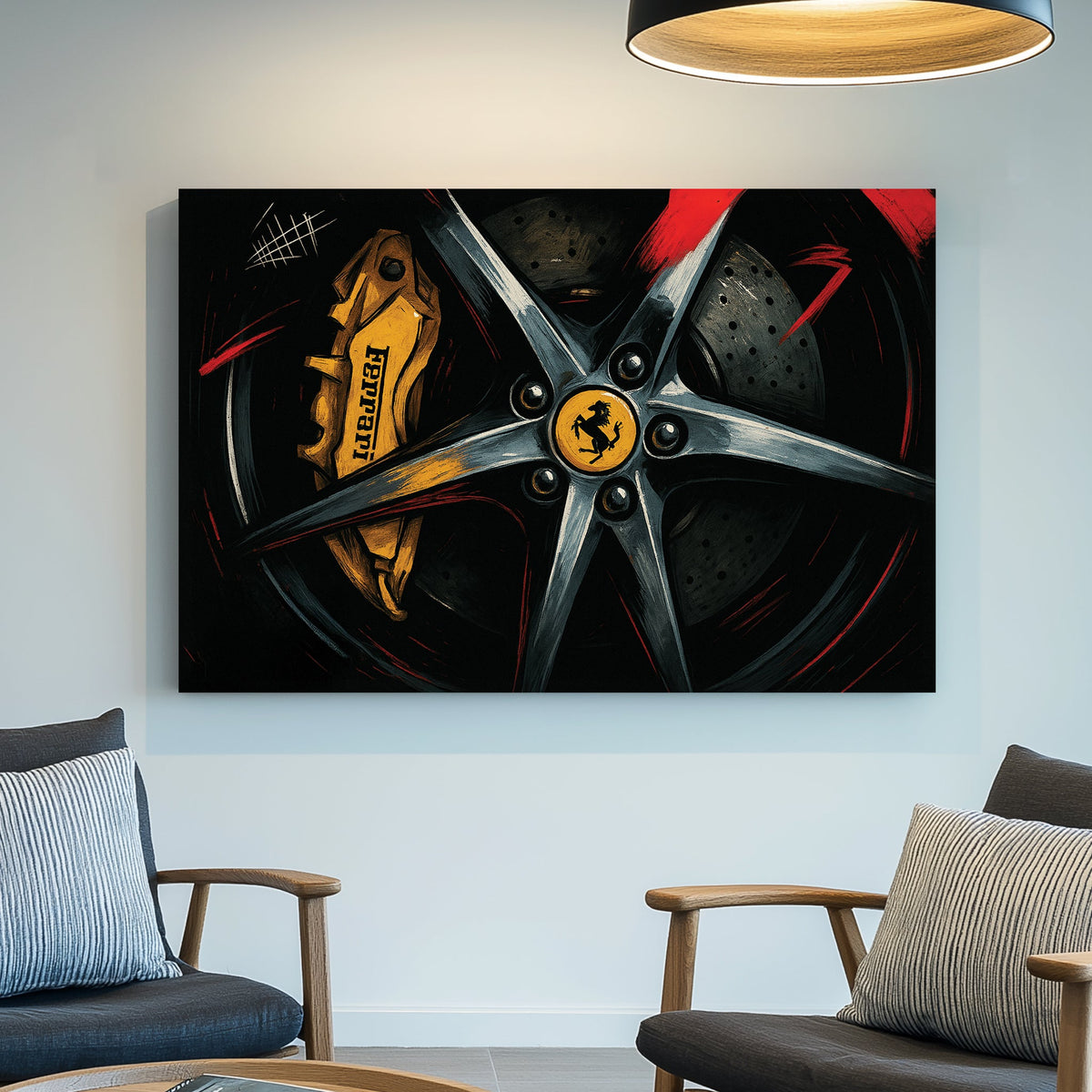 Close-up of Ferrari wheel and yellow brake caliper with red accents wall art