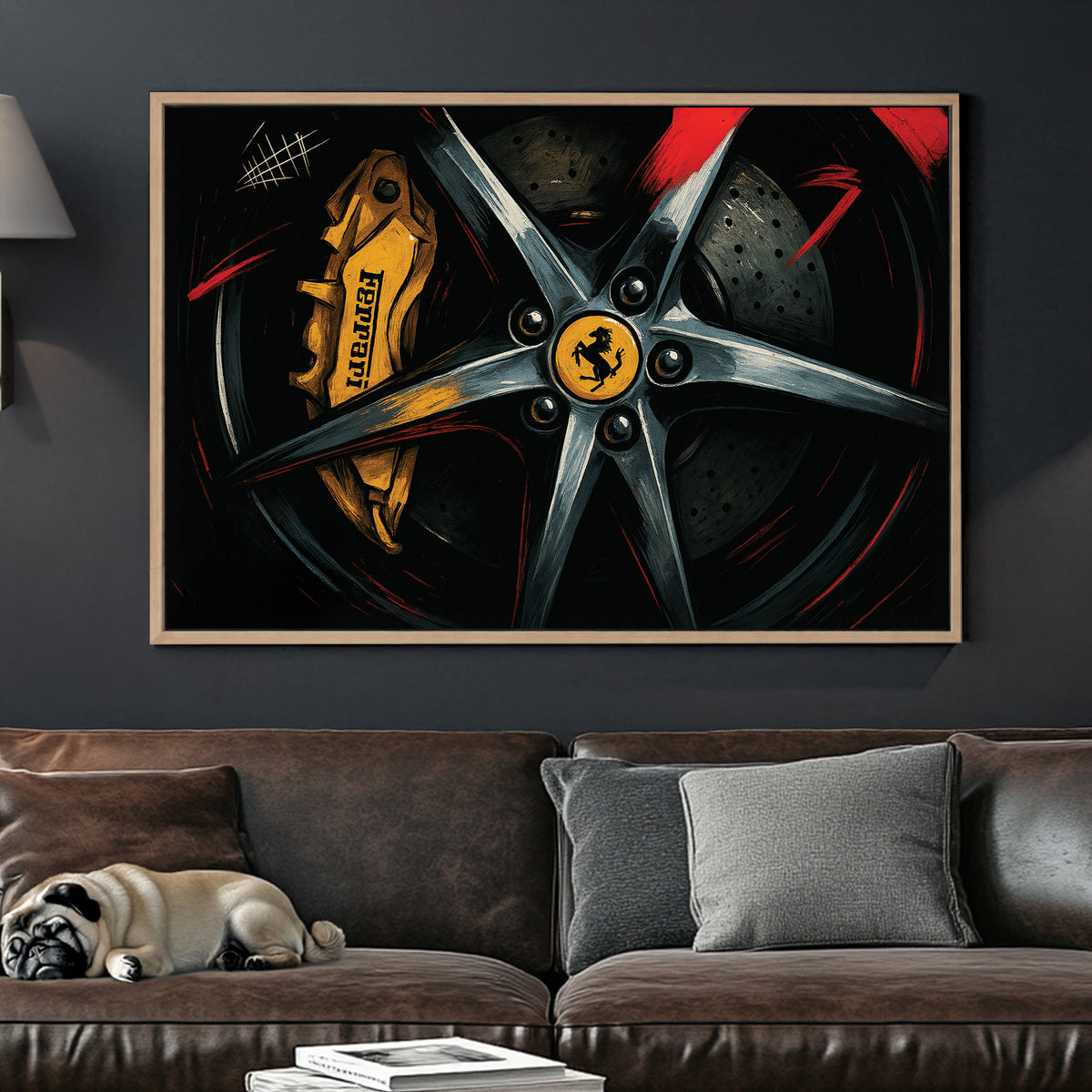 Close-up of Ferrari wheel and yellow brake caliper with red accents wall art