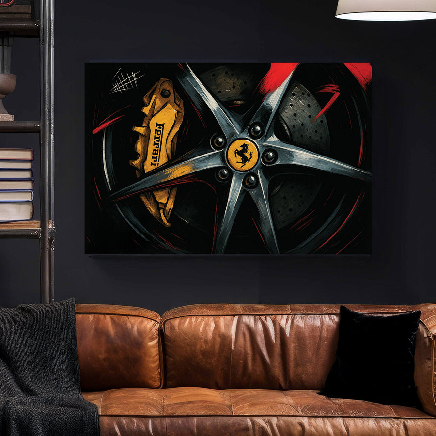Close-up of Ferrari wheel and yellow brake caliper with red accents wall art