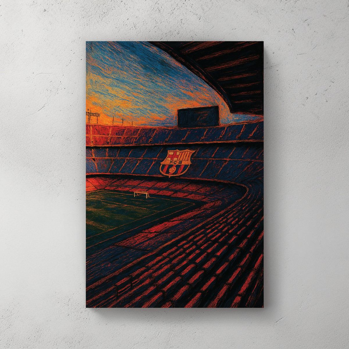 Camp Nou stadium at sunset with FC Barcelona logo wall art