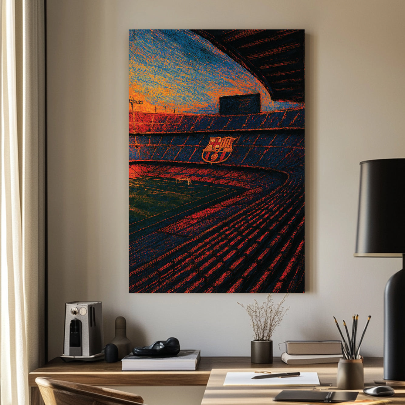 Camp Nou stadium at sunset with FC Barcelona logo wall art