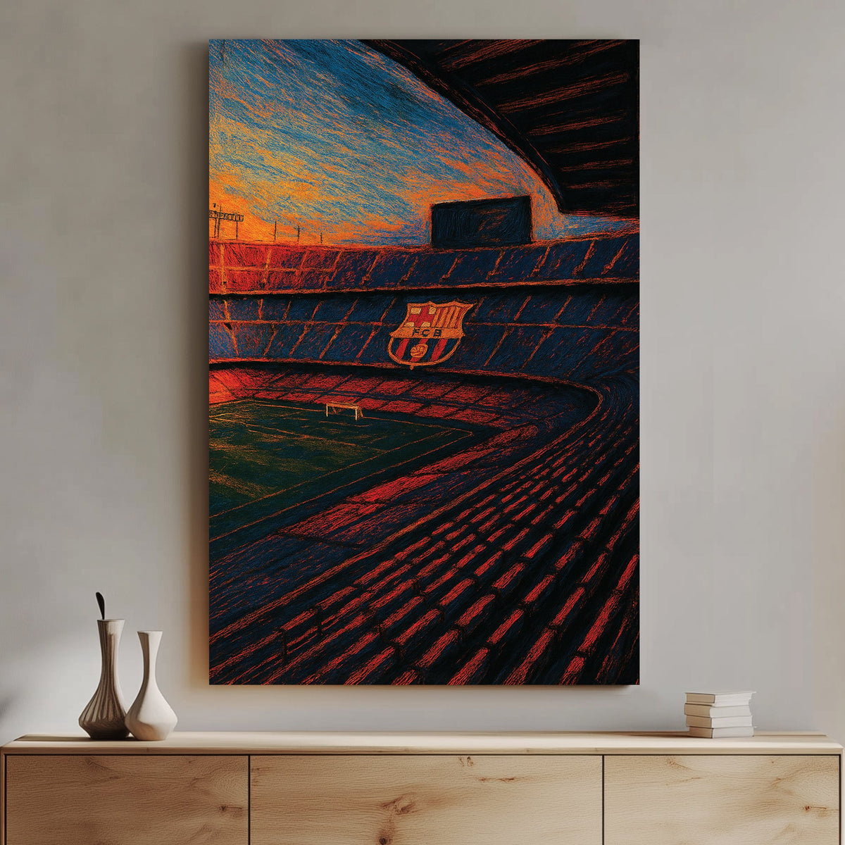 Camp Nou stadium at sunset with FC Barcelona logo wall art