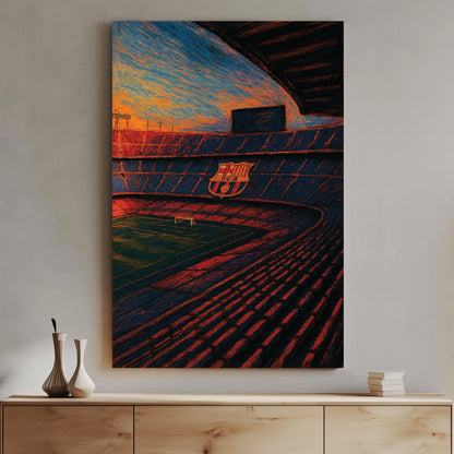 Camp Nou stadium at sunset with FC Barcelona logo wall art