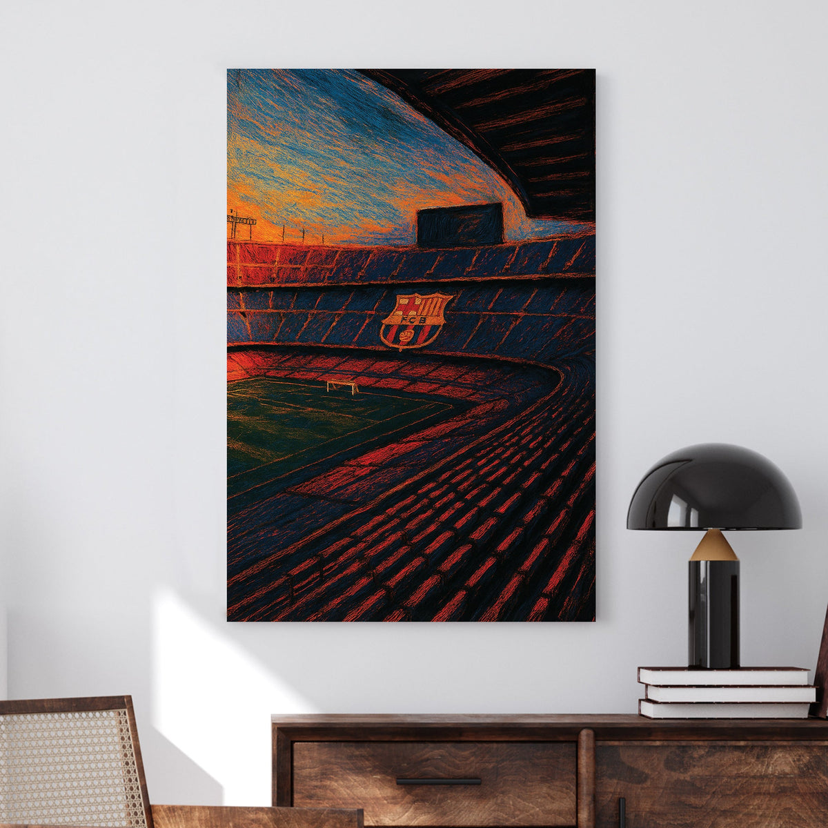 Camp Nou stadium at sunset with FC Barcelona logo wall art