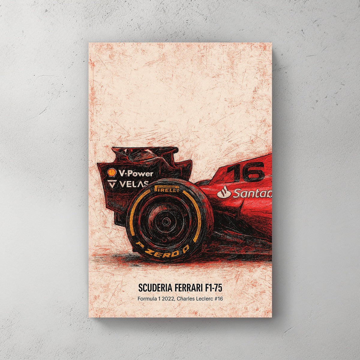 Sketch-style Ferrari F1-75 rear tire with Charles Leclerc number 16 wall art