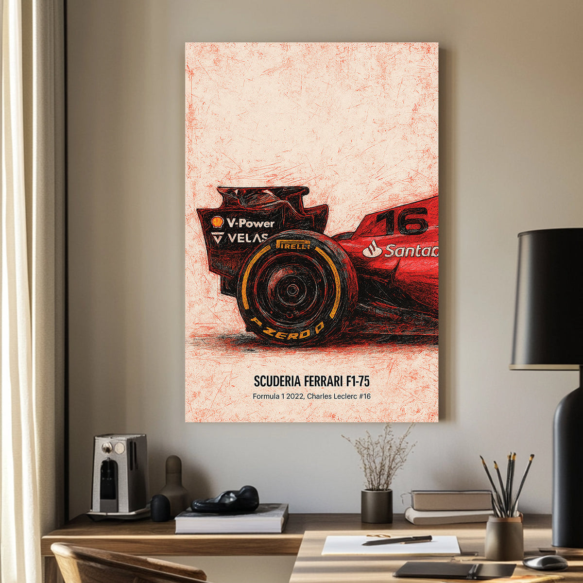 Sketch-style Ferrari F1-75 rear tire with Charles Leclerc number 16 wall art