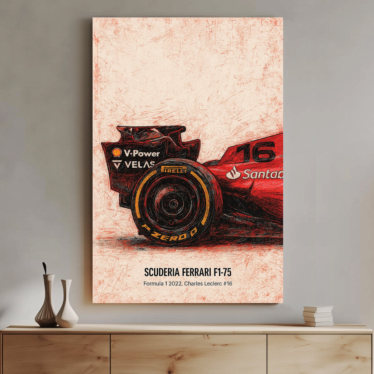 Sketch-style Ferrari F1-75 rear tire with Charles Leclerc number 16 wall art