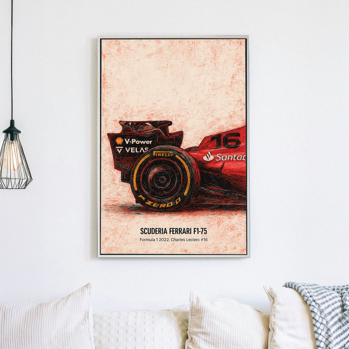 Sketch-style Ferrari F1-75 rear tire with Charles Leclerc number 16 wall art