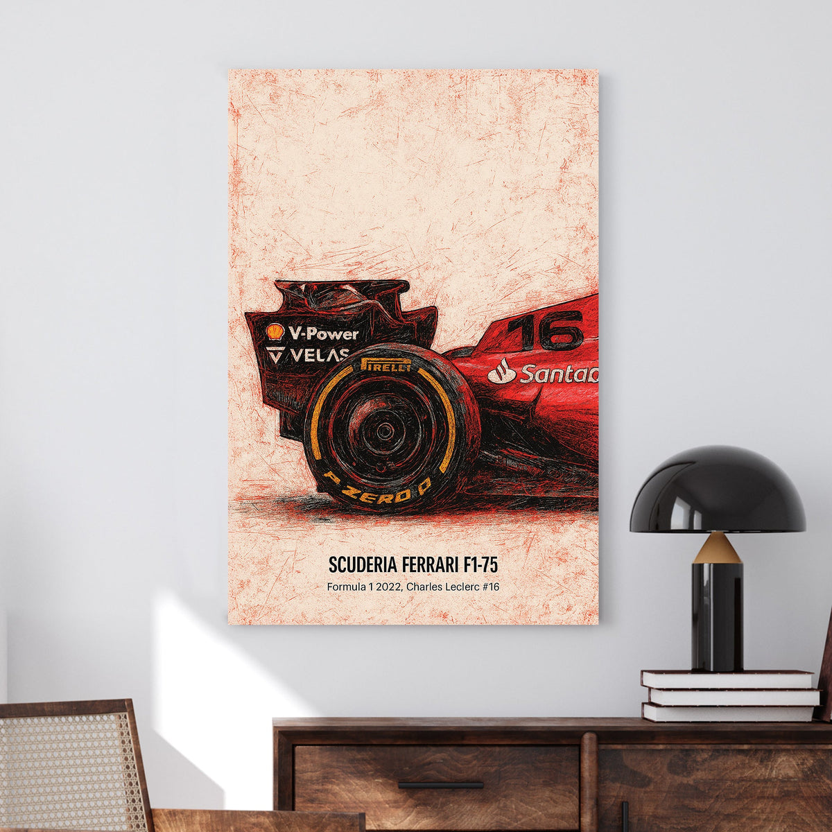 Sketch-style Ferrari F1-75 rear tire with Charles Leclerc number 16 wall art