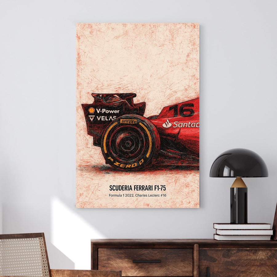 Sketch-style Ferrari F1-75 rear tire with Charles Leclerc number 16 wall art