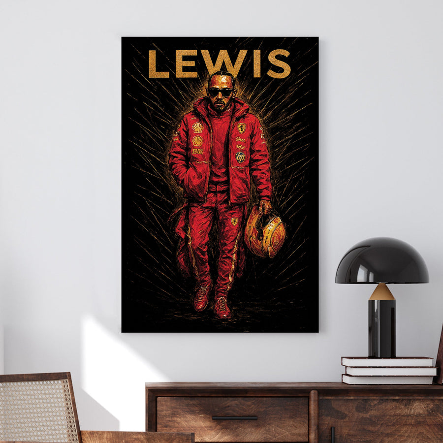 Lewis Hamilton in Ferrari red race suit holding helmet with gold accents wall art