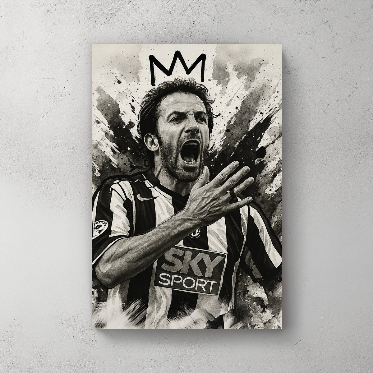 Black and white wall art of Alex Delpiero from Juventus shouting with crown sketch above