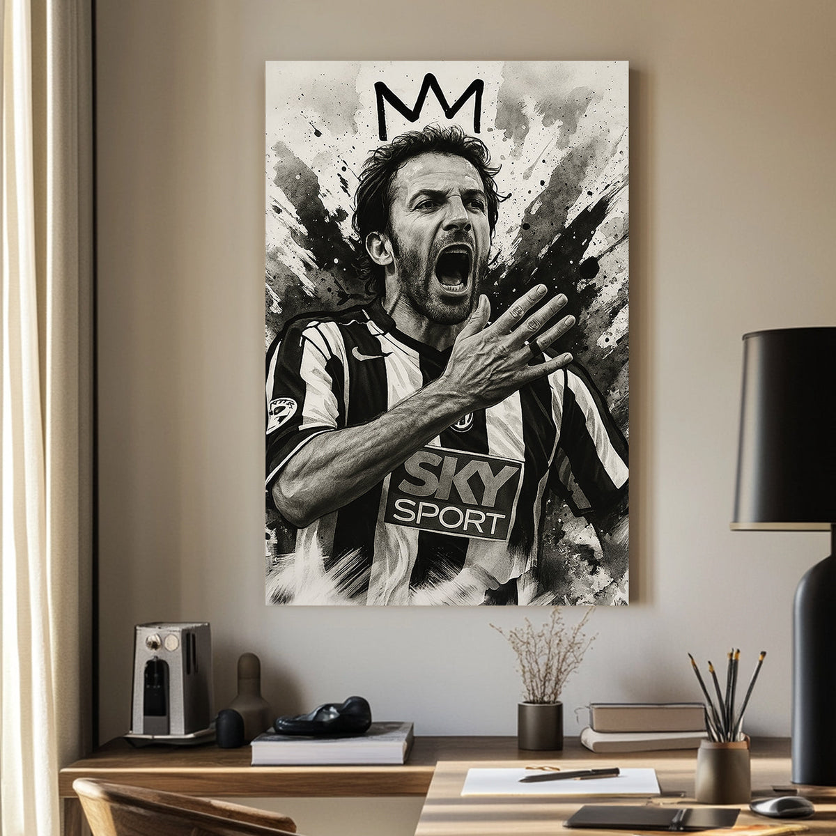 Black and white wall art of Alex Delpiero from Juventus shouting with crown sketch above