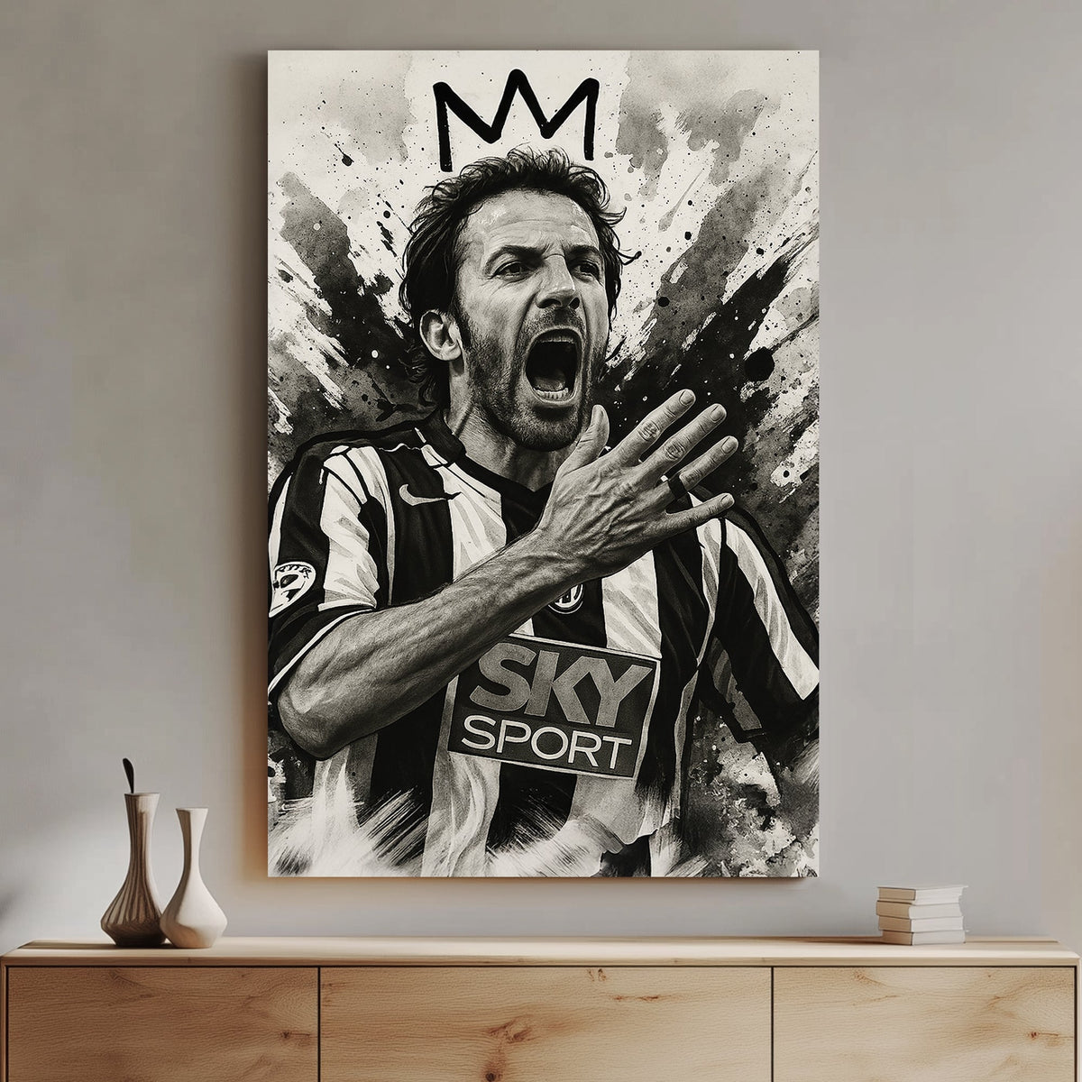 Black and white wall art of Alex Delpiero from Juventus shouting with crown sketch above
