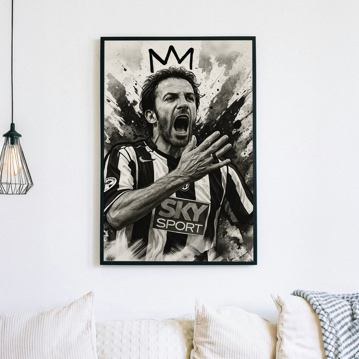 Black and white wall art of Alex Delpiero from Juventus shouting with crown sketch above