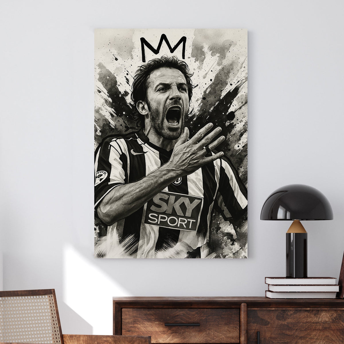 Black and white wall art of Alex Delpiero from Juventus shouting with crown sketch above