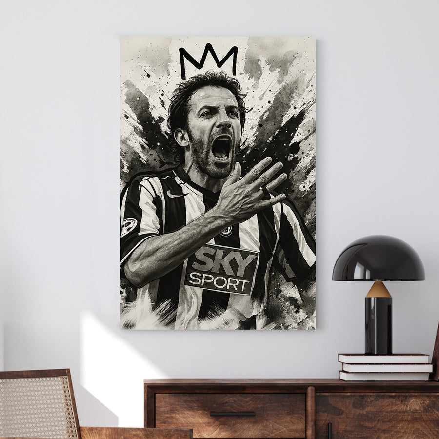 Black and white wall art of Alex Delpiero from Juventus shouting with crown sketch above