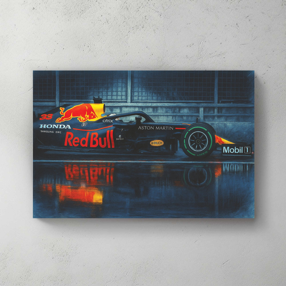 Red Bull Formula 1 car on wet track wall art with reflection