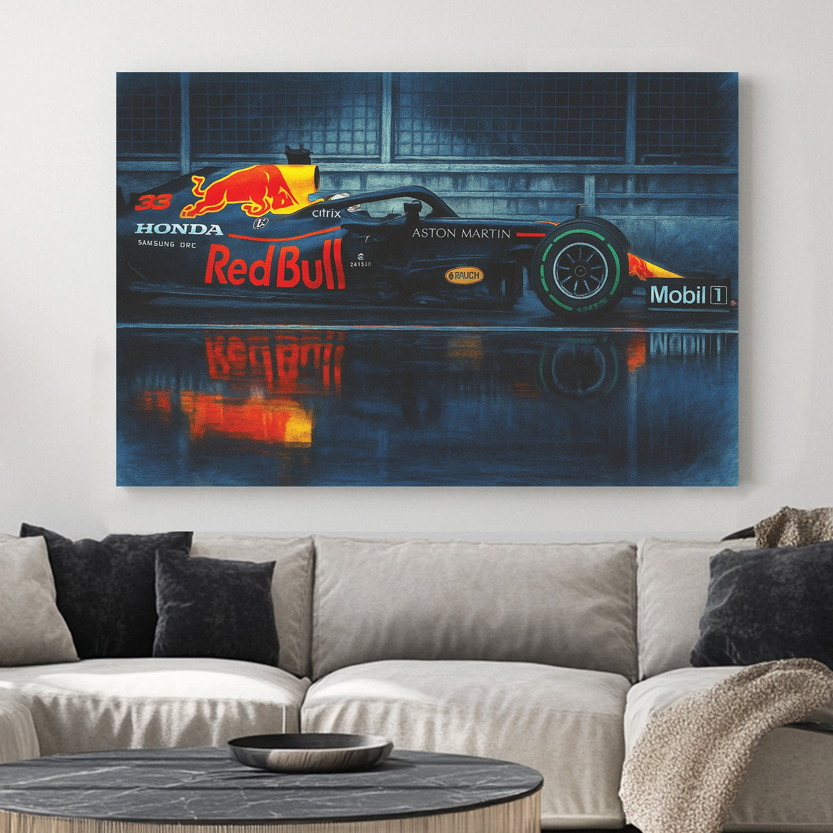 Red Bull Formula 1 car on wet track wall art with reflection