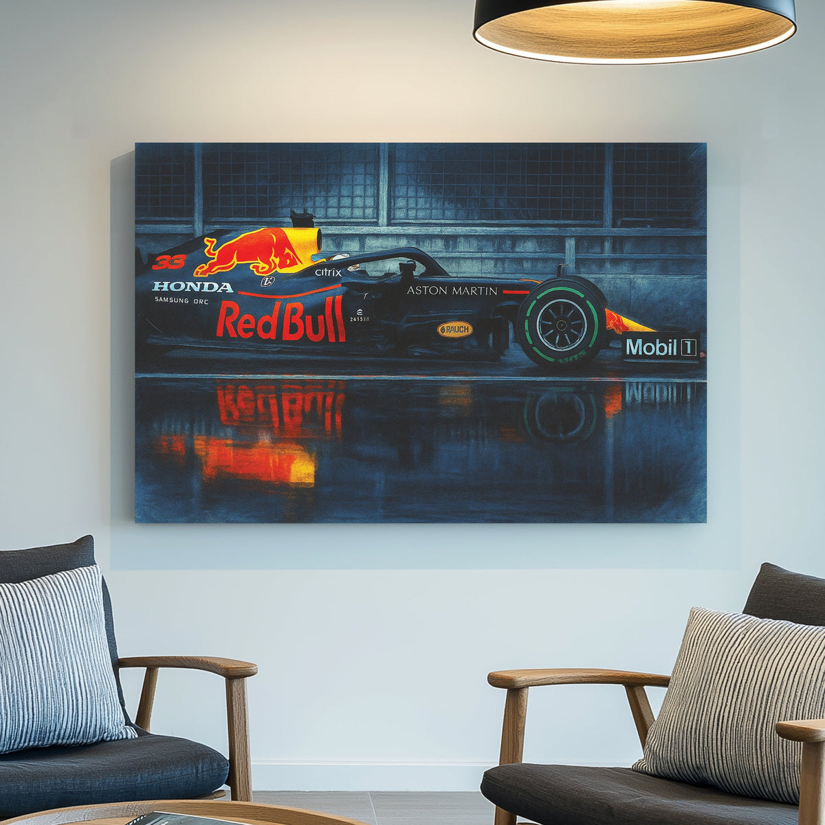 Red Bull Formula 1 car on wet track wall art with reflection