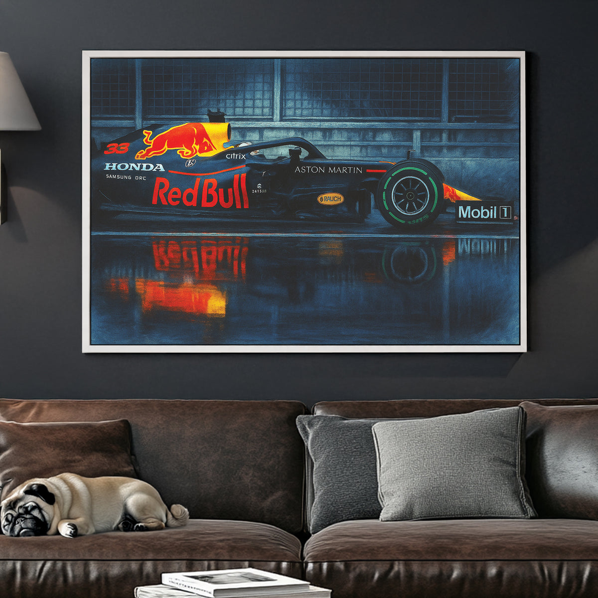 Red Bull Formula 1 car on wet track wall art with reflection