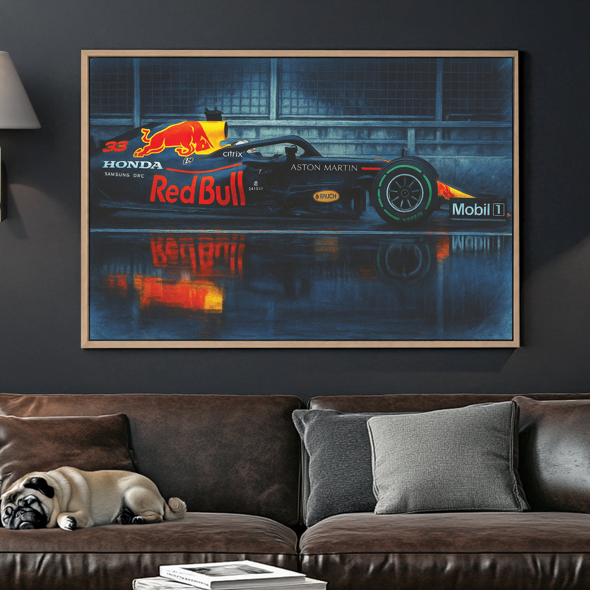 Red Bull Formula 1 car on wet track wall art with reflection